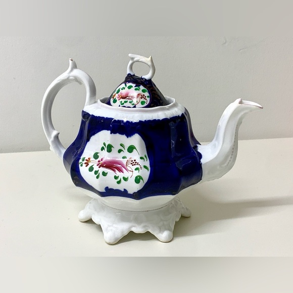19th Century Antique Gaudy Welsh Feather Pattern Ring Finial Lidded Teapot - Picture 13 of 16
